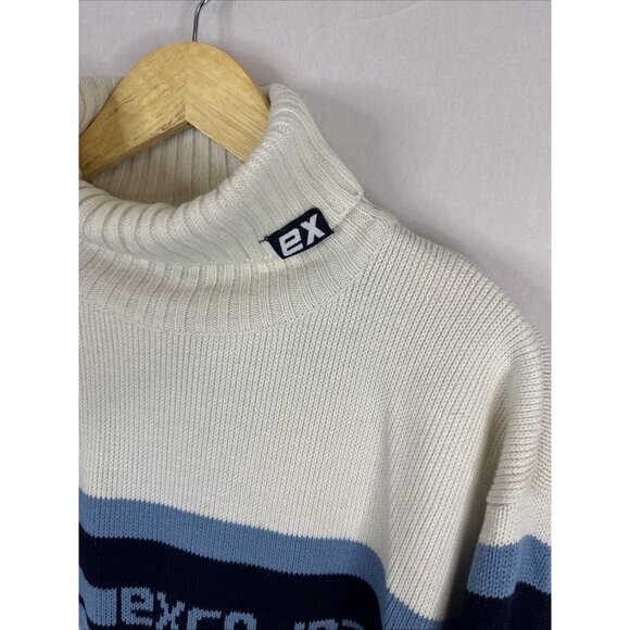 Vintage Y2K EXCO Jeans Turtleneck Sweater Cream Blue Stripe Logo Knit Men’s L - Picture 3 of 6